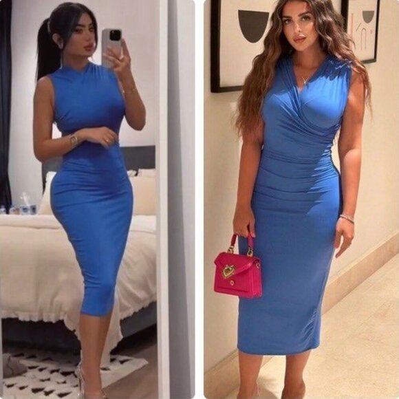 Zara Draped Stretch Midi Dress Blue Size Medium Blogger Fav - Picture 1 of 8